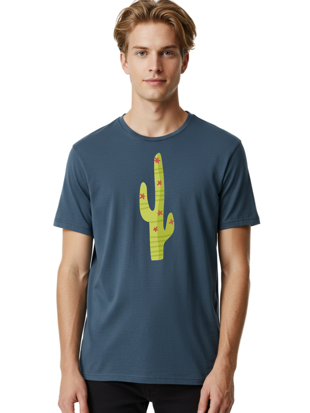 Cactus-1 Men'S Graphic Tee, 100% Cotton, Comfortable Casual Summer Wear, Machine Washable, Cartoon Cactus, Desert Flora, Prickly Plant, Red Flowers, Green Cactus, Southwestern Icon, Graphic Design Element, Simple Illustration, Stylized Cactus Aad677