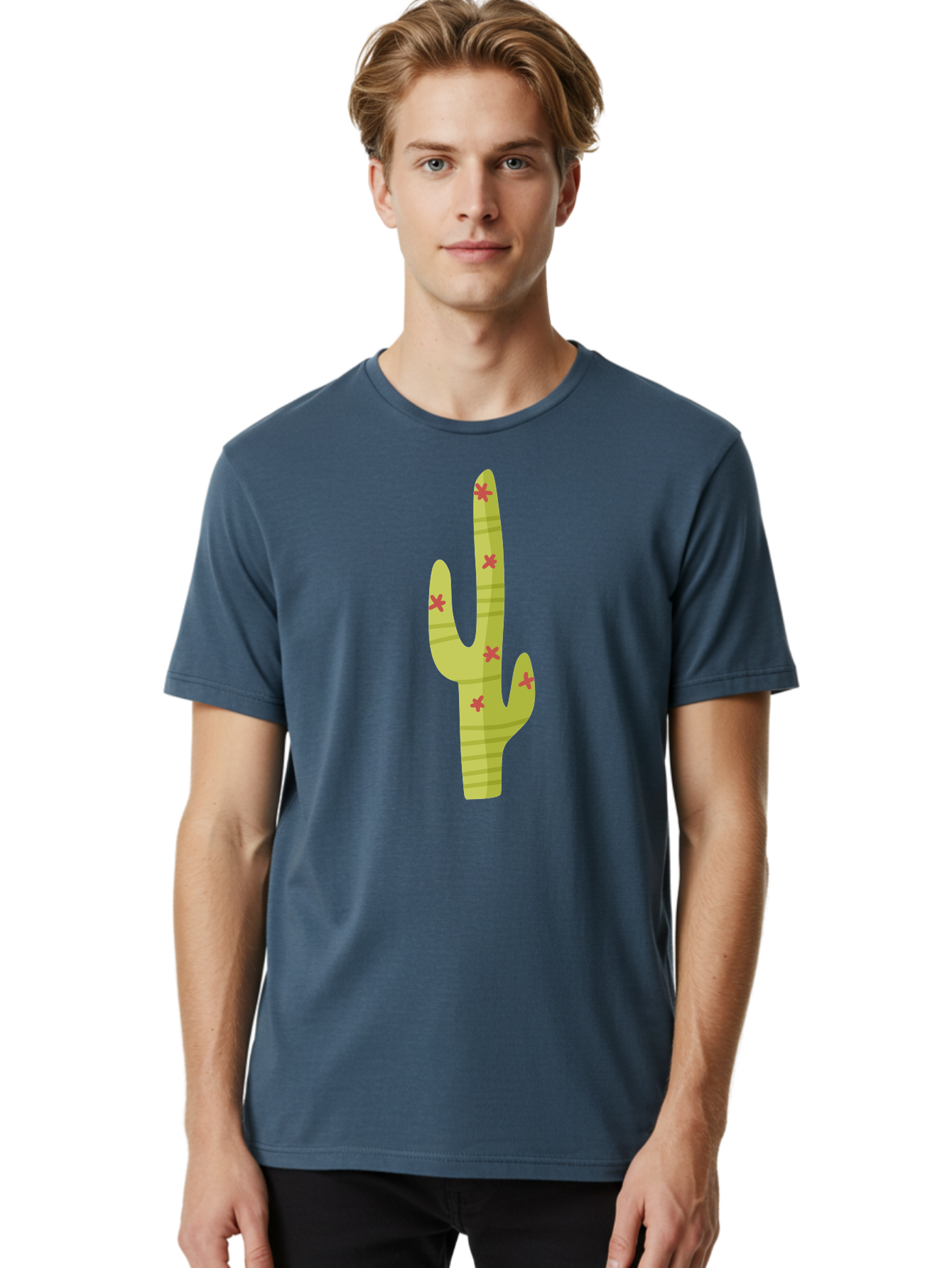 Cactus-1 Men'S Graphic Tee, 100% Cotton, Comfortable Casual Summer Wear, Machine Washable, Cartoon Cactus, Desert Flora, Prickly Plant, Red Flowers, Green Cactus, Southwestern Icon, Graphic Design Element, Simple Illustration, Stylized Cactus Aad677
