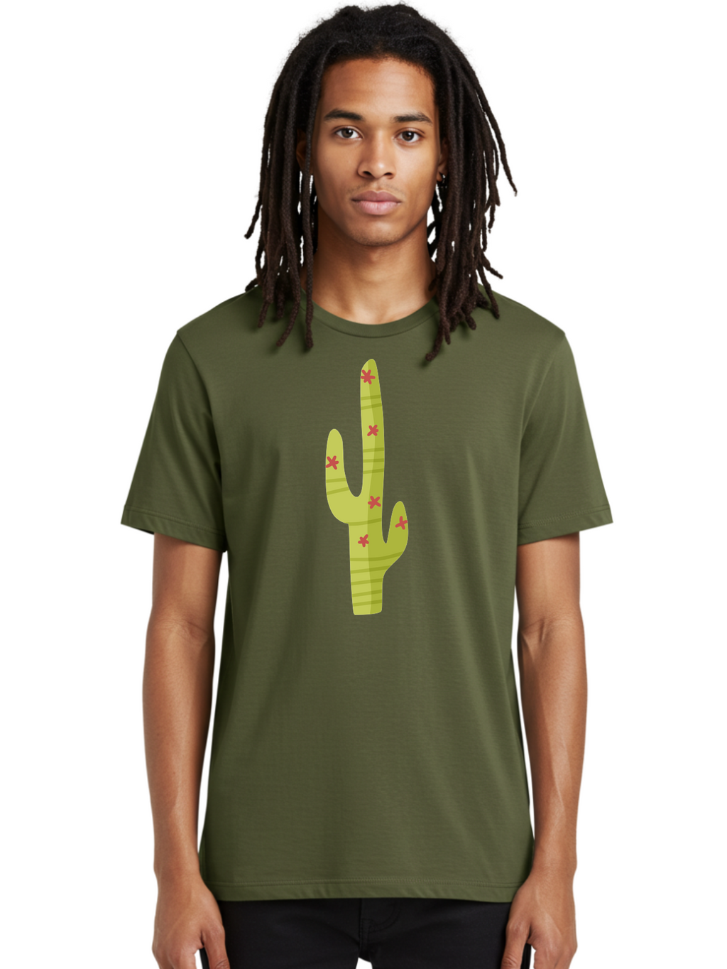 Cactus-1 Men'S Graphic Tee, 100% Cotton, Comfortable Casual Summer Wear, Machine Washable, Cartoon Cactus, Desert Flora, Prickly Plant, Red Flowers, Green Cactus, Southwestern Icon, Graphic Design Element, Simple Illustration, Stylized Cactus Aad677