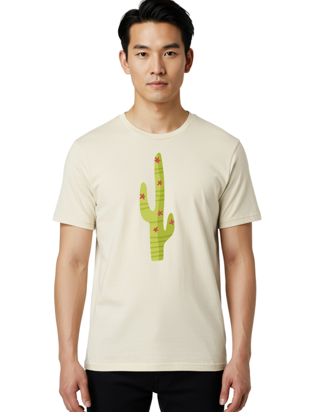 Cactus-1 Men'S Graphic Tee, 100% Cotton, Comfortable Casual Summer Wear, Machine Washable, Cartoon Cactus, Desert Flora, Prickly Plant, Red Flowers, Green Cactus, Southwestern Icon, Graphic Design Element, Simple Illustration, Stylized Cactus Aad677