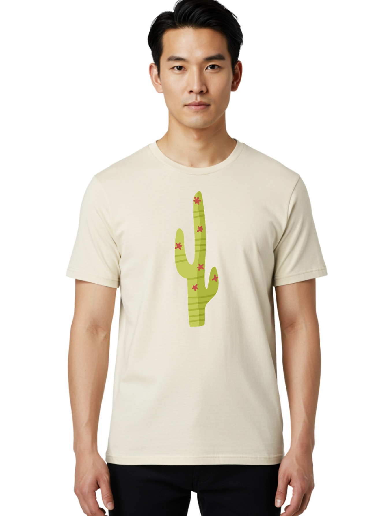 Cactus-1 Men'S Graphic Tee, 100% Cotton, Comfortable Casual Summer Wear, Machine Washable, Cartoon Cactus, Desert Flora, Prickly Plant, Red Flowers, Green Cactus, Southwestern Icon, Graphic Design Element, Simple Illustration, Stylized Cactus Aad677
