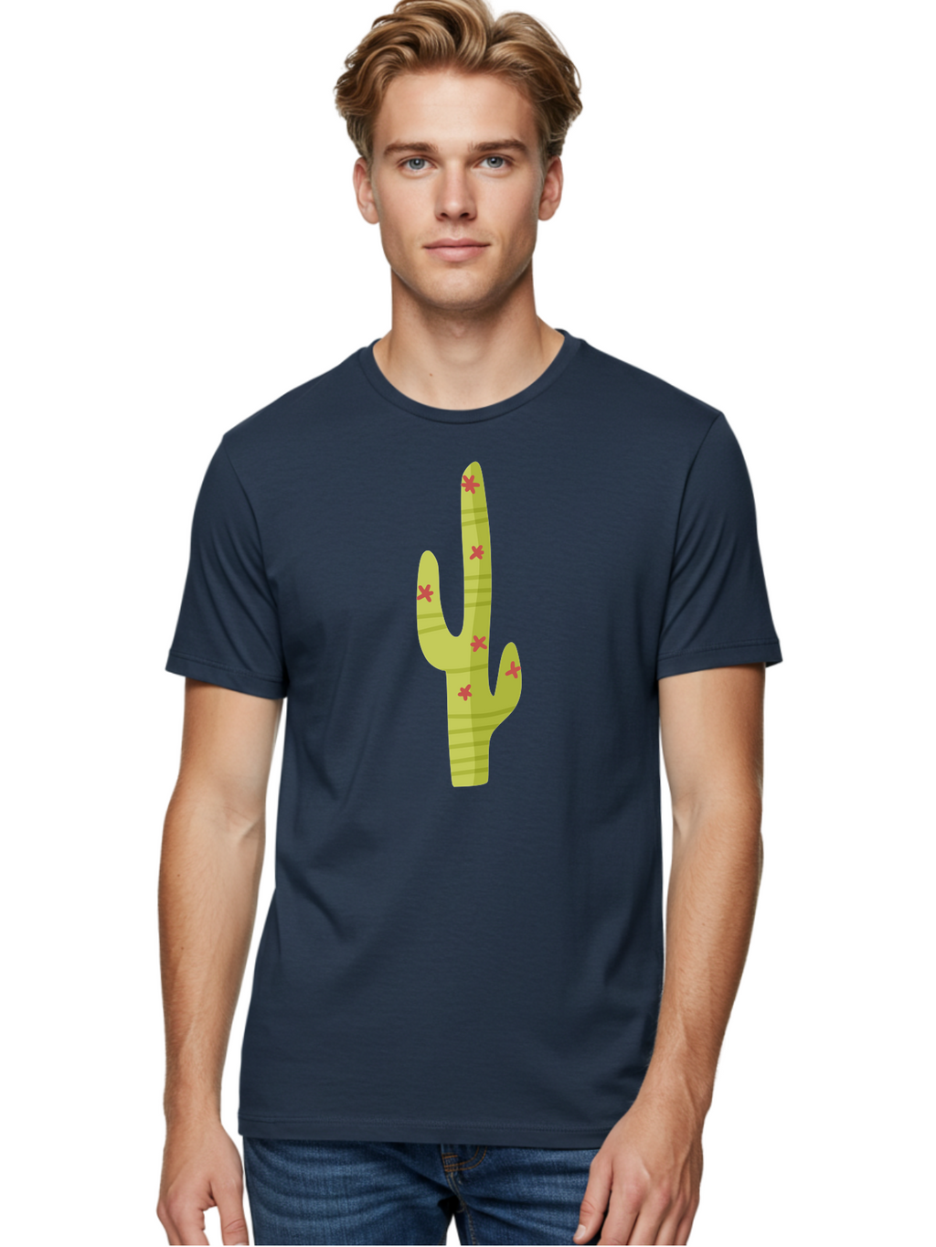 Cactus-1 Men'S Graphic Tee, 100% Cotton, Comfortable Casual Summer Wear, Machine Washable, Cartoon Cactus, Desert Flora, Prickly Plant, Red Flowers, Green Cactus, Southwestern Icon, Graphic Design Element, Simple Illustration, Stylized Cactus Aad677