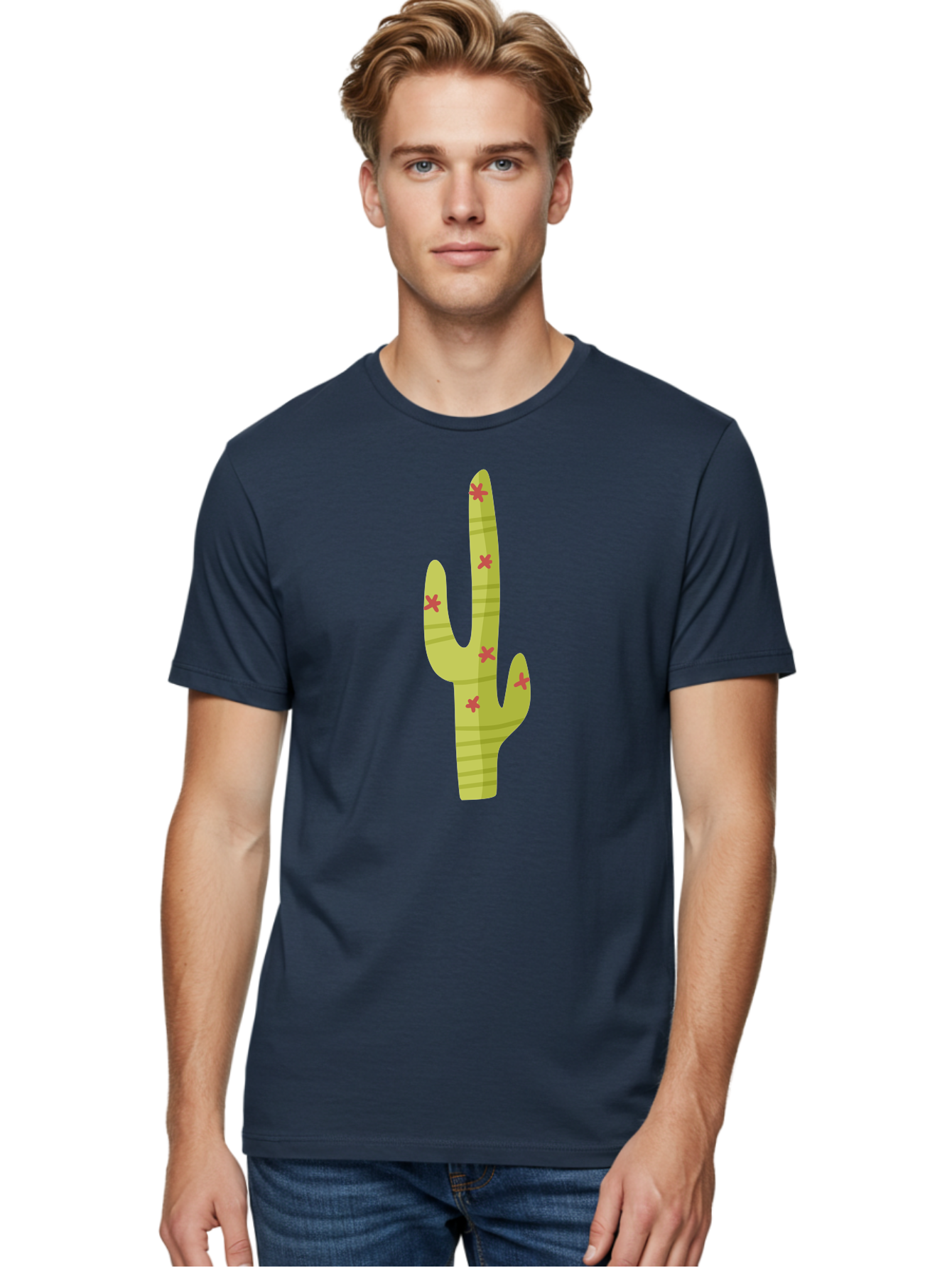 Cactus-1 Men'S Graphic Tee, 100% Cotton, Comfortable Casual Summer Wear, Machine Washable, Cartoon Cactus, Desert Flora, Prickly Plant, Red Flowers, Green Cactus, Southwestern Icon, Graphic Design Element, Simple Illustration, Stylized Cactus Aad677