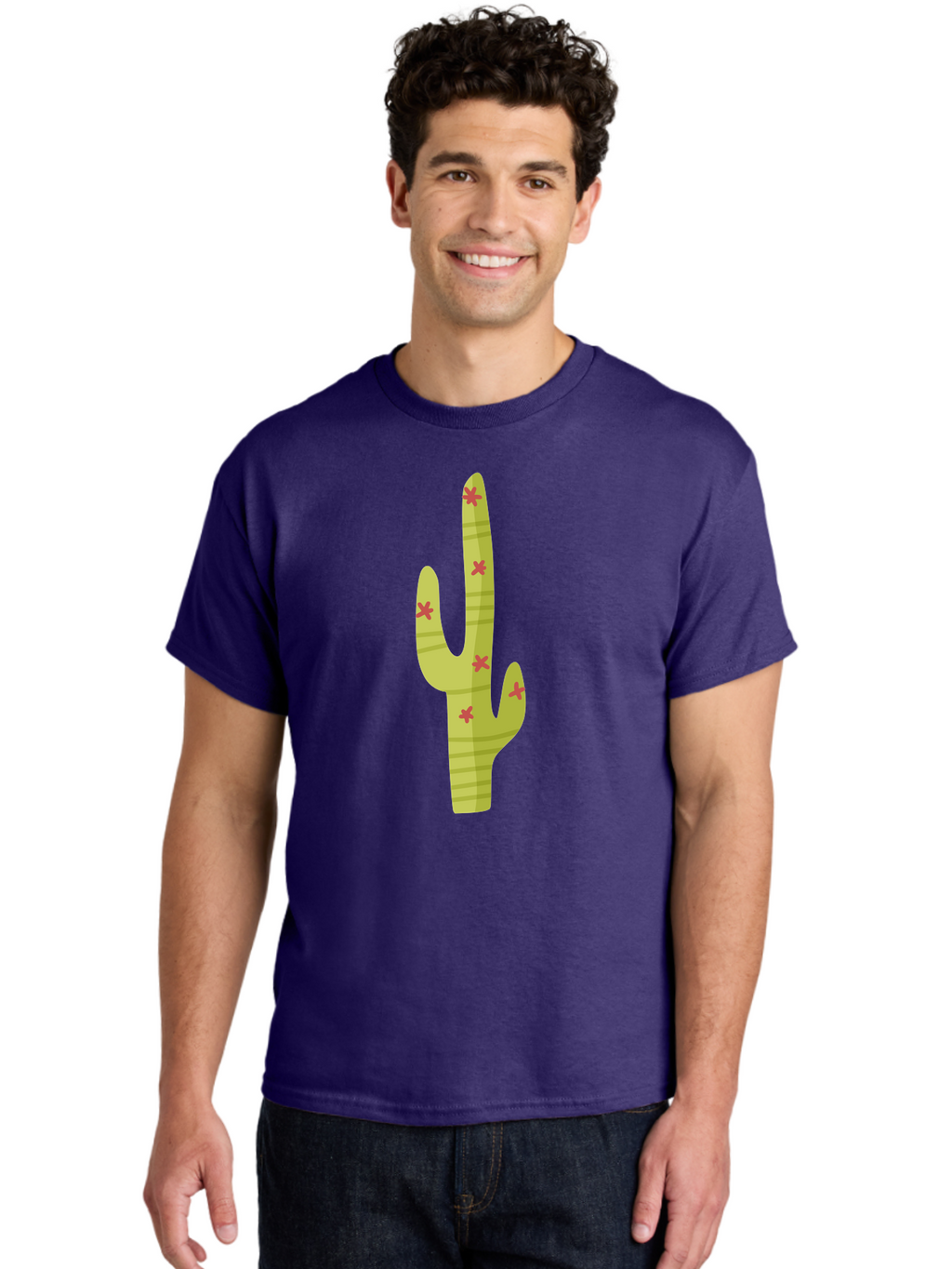 Cactus-1 Men'S Graphic Tee, 100% Cotton, Comfortable Casual Summer Wear, Machine Washable, Cartoon Cactus, Desert Flora, Prickly Plant, Red Flowers, Green Cactus, Southwestern Icon, Graphic Design Element, Simple Illustration, Stylized Cactus Aad677
