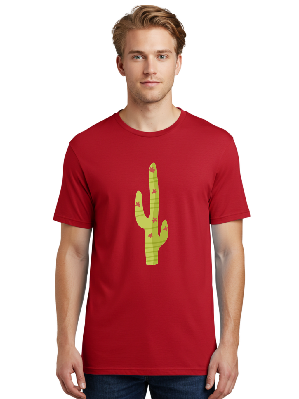 Cactus-1 Men'S Graphic Tee, 100% Cotton, Comfortable Casual Summer Wear, Machine Washable, Cartoon Cactus, Desert Flora, Prickly Plant, Red Flowers, Green Cactus, Southwestern Icon, Graphic Design Element, Simple Illustration, Stylized Cactus Aad677