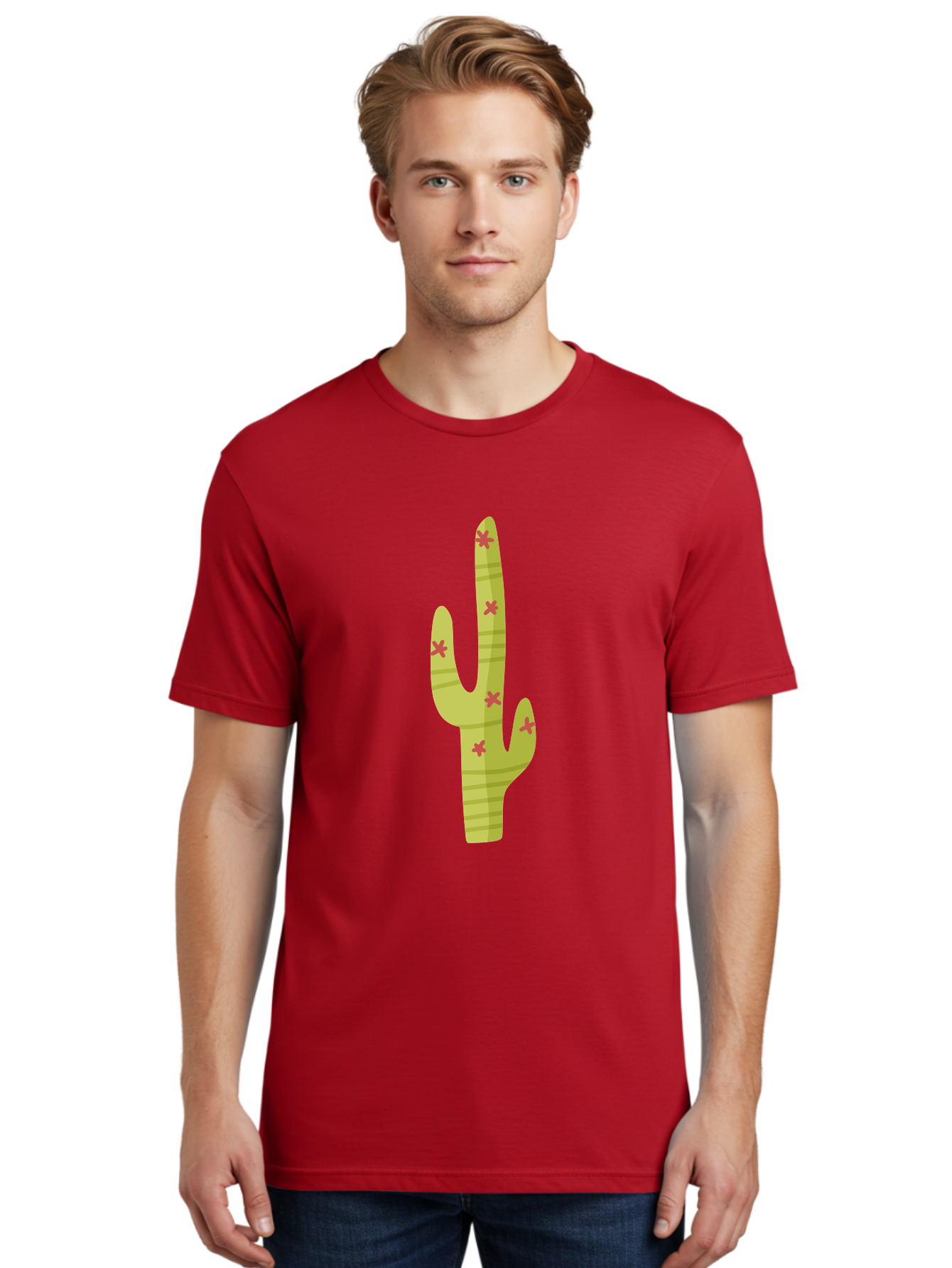 Cactus-1 Men'S Graphic Tee, 100% Cotton, Comfortable Casual Summer Wear, Machine Washable, Cartoon Cactus, Desert Flora, Prickly Plant, Red Flowers, Green Cactus, Southwestern Icon, Graphic Design Element, Simple Illustration, Stylized Cactus Aad677