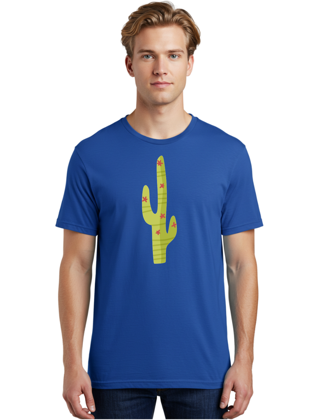 Cactus-1 Men'S Graphic Tee, 100% Cotton, Comfortable Casual Summer Wear, Machine Washable, Cartoon Cactus, Desert Flora, Prickly Plant, Red Flowers, Green Cactus, Southwestern Icon, Graphic Design Element, Simple Illustration, Stylized Cactus Aad677