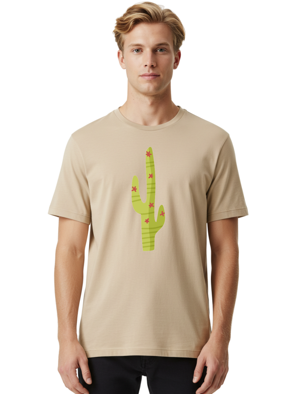 Cactus-1 Men'S Graphic Tee, 100% Cotton, Comfortable Casual Summer Wear, Machine Washable, Cartoon Cactus, Desert Flora, Prickly Plant, Red Flowers, Green Cactus, Southwestern Icon, Graphic Design Element, Simple Illustration, Stylized Cactus Aad677