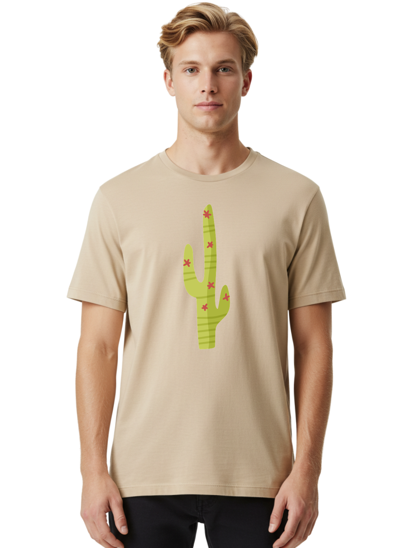 Cactus-1 Men'S Graphic Tee, 100% Cotton, Comfortable Casual Summer Wear, Machine Washable, Cartoon Cactus, Desert Flora, Prickly Plant, Red Flowers, Green Cactus, Southwestern Icon, Graphic Design Element, Simple Illustration, Stylized Cactus Aad677