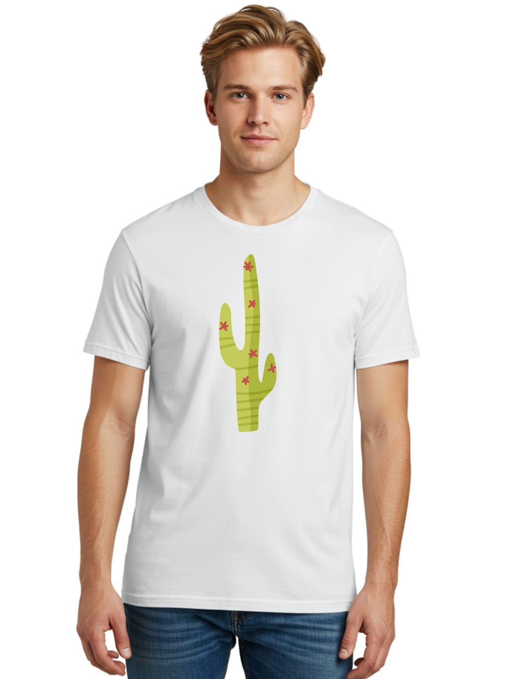 Cactus-1 Men'S Graphic Tee, 100% Cotton, Comfortable Casual Summer Wear, Machine Washable, Cartoon Cactus, Desert Flora, Prickly Plant, Red Flowers, Green Cactus, Southwestern Icon, Graphic Design Element, Simple Illustration, Stylized Cactus Aad677