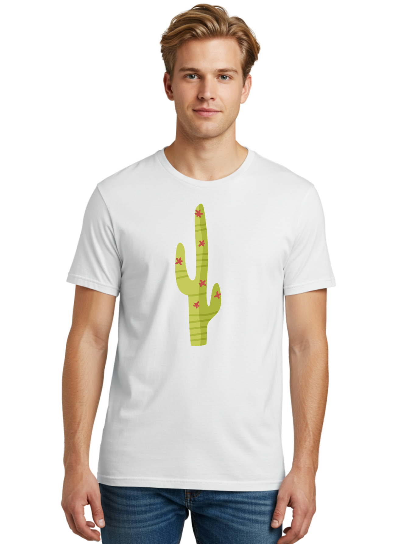 Cactus-1 Men'S Graphic Tee, 100% Cotton, Comfortable Casual Summer Wear, Machine Washable, Cartoon Cactus, Desert Flora, Prickly Plant, Red Flowers, Green Cactus, Southwestern Icon, Graphic Design Element, Simple Illustration, Stylized Cactus Aad677