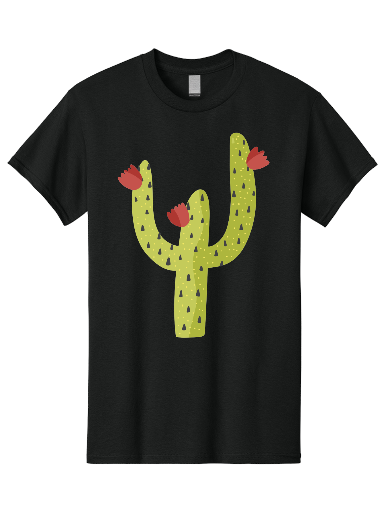 Cactus-With-Red-Flowers Men'S Graphic Tee, 100% Cotton, Comfortable Casual Summer Wear, Machine Washable, Cartoon Cactus, Cactus With Flowers, Desert Plant, Red Flowers, Green Cactus, Illustration Art, Simple Design, Stylized Cactus Aad678