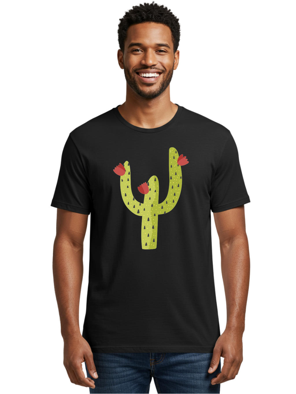 Cactus-With-Red-Flowers Men'S Graphic Tee, 100% Cotton, Comfortable Casual Summer Wear, Machine Washable, Cartoon Cactus, Cactus With Flowers, Desert Plant, Red Flowers, Green Cactus, Illustration Art, Simple Design, Stylized Cactus Aad678