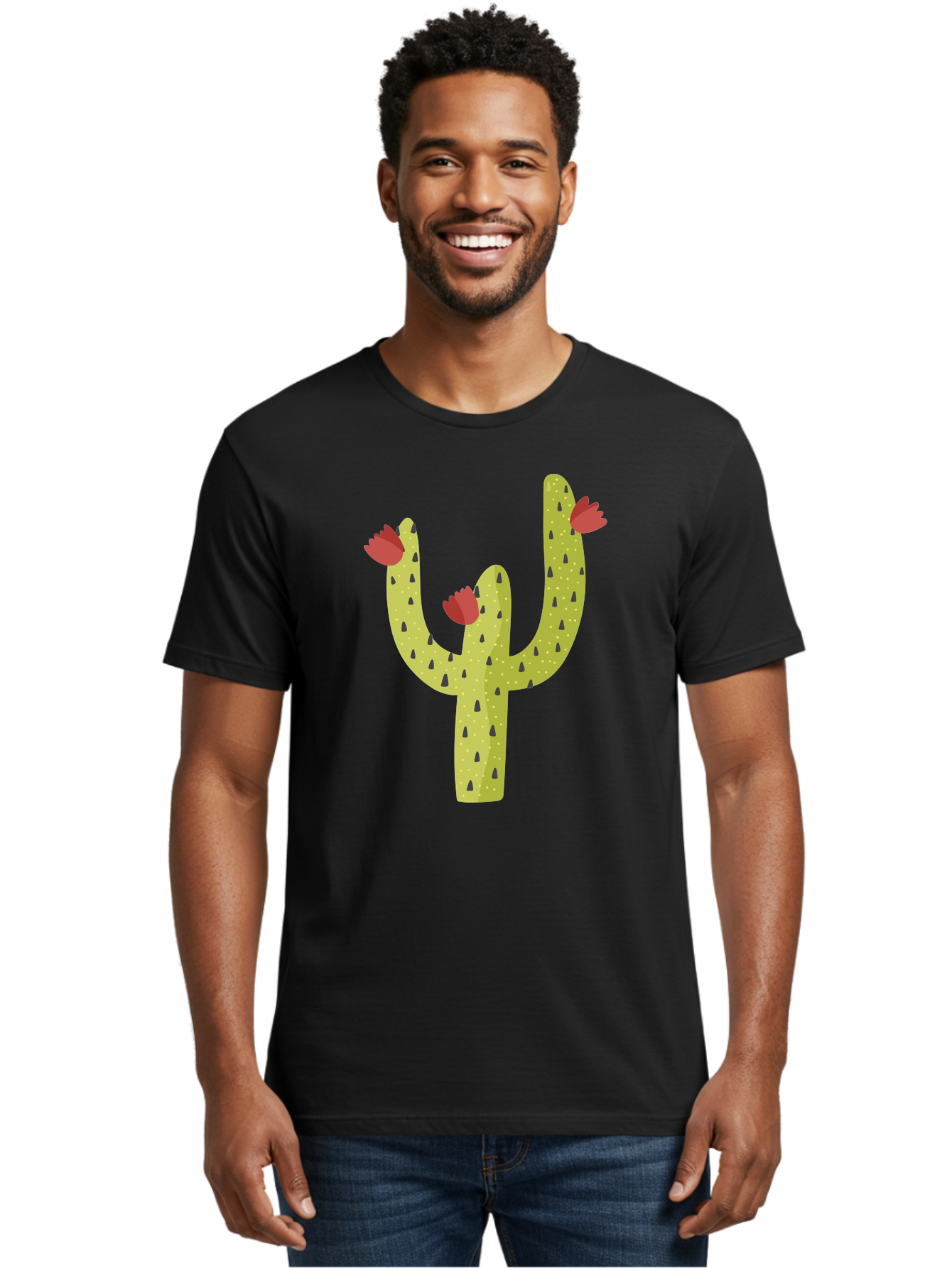 Cactus-With-Red-Flowers Men'S Graphic Tee, 100% Cotton, Comfortable Casual Summer Wear, Machine Washable, Cartoon Cactus, Cactus With Flowers, Desert Plant, Red Flowers, Green Cactus, Illustration Art, Simple Design, Stylized Cactus Aad678