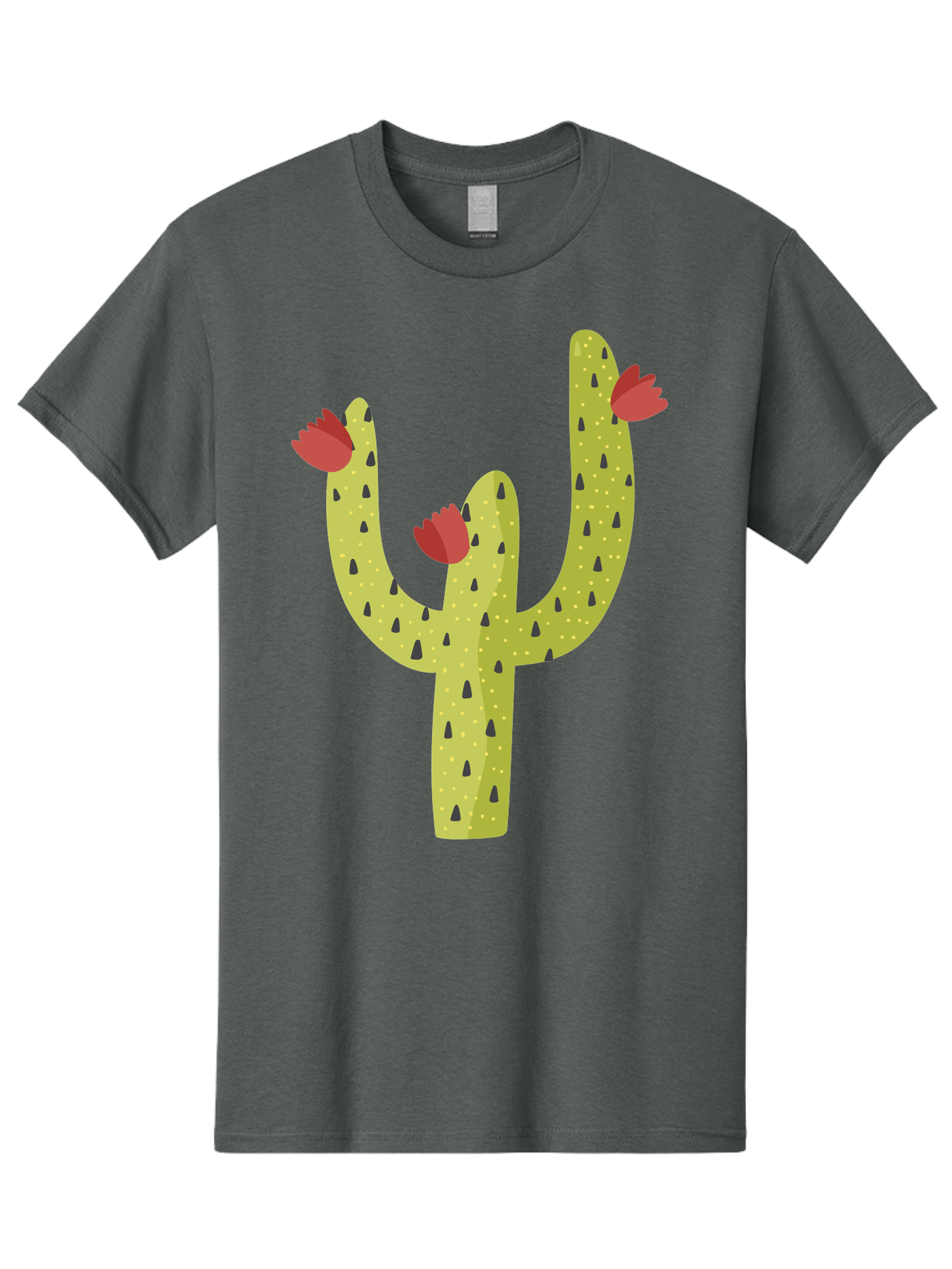 Cactus-With-Red-Flowers Men'S Graphic Tee, 100% Cotton, Comfortable Casual Summer Wear, Machine Washable, Cartoon Cactus, Cactus With Flowers, Desert Plant, Red Flowers, Green Cactus, Illustration Art, Simple Design, Stylized Cactus Aad678