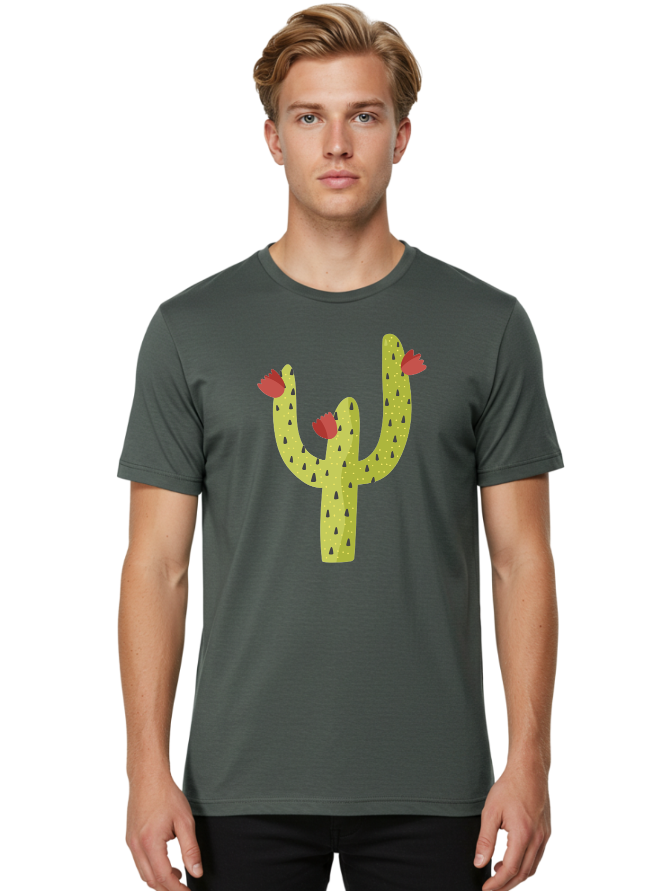 Cactus-With-Red-Flowers Men'S Graphic Tee, 100% Cotton, Comfortable Casual Summer Wear, Machine Washable, Cartoon Cactus, Cactus With Flowers, Desert Plant, Red Flowers, Green Cactus, Illustration Art, Simple Design, Stylized Cactus Aad678