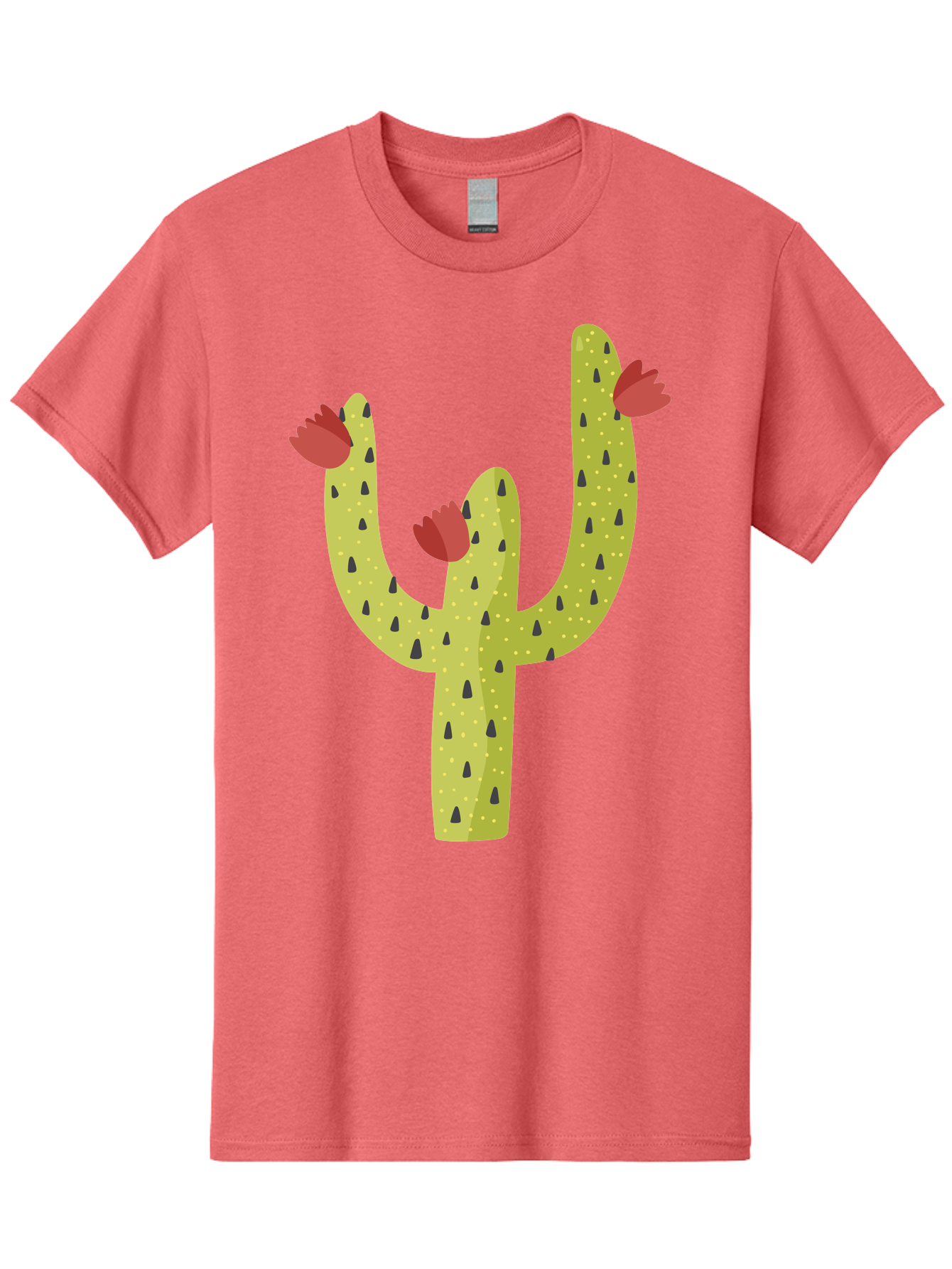 Cactus-With-Red-Flowers Men'S Graphic Tee, 100% Cotton, Comfortable Casual Summer Wear, Machine Washable, Cartoon Cactus, Cactus With Flowers, Desert Plant, Red Flowers, Green Cactus, Illustration Art, Simple Design, Stylized Cactus Aad678
