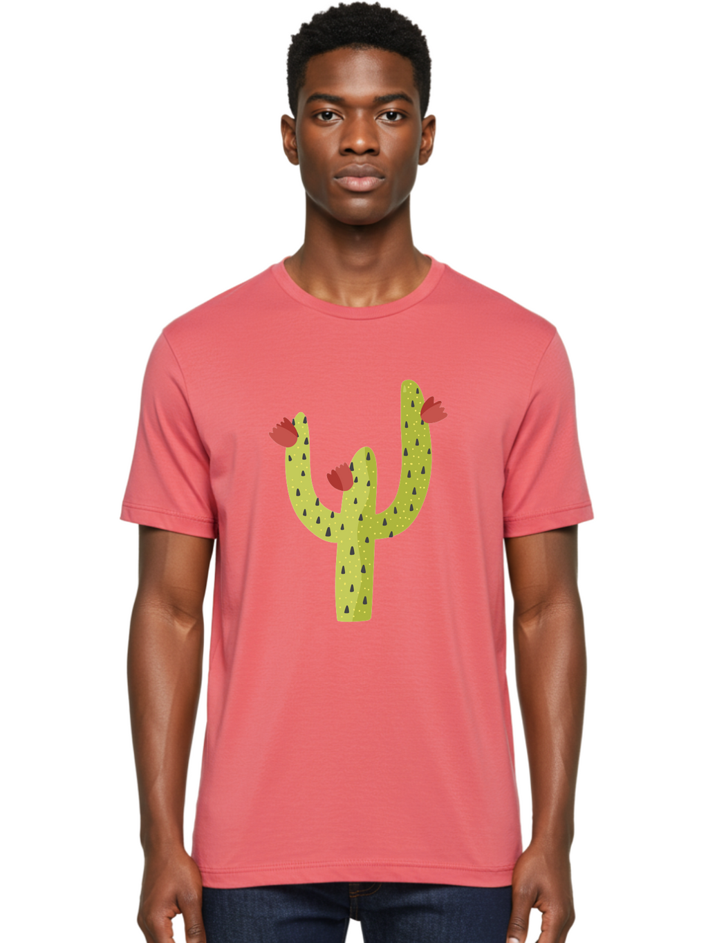 Cactus-With-Red-Flowers Men'S Graphic Tee, 100% Cotton, Comfortable Casual Summer Wear, Machine Washable, Cartoon Cactus, Cactus With Flowers, Desert Plant, Red Flowers, Green Cactus, Illustration Art, Simple Design, Stylized Cactus Aad678