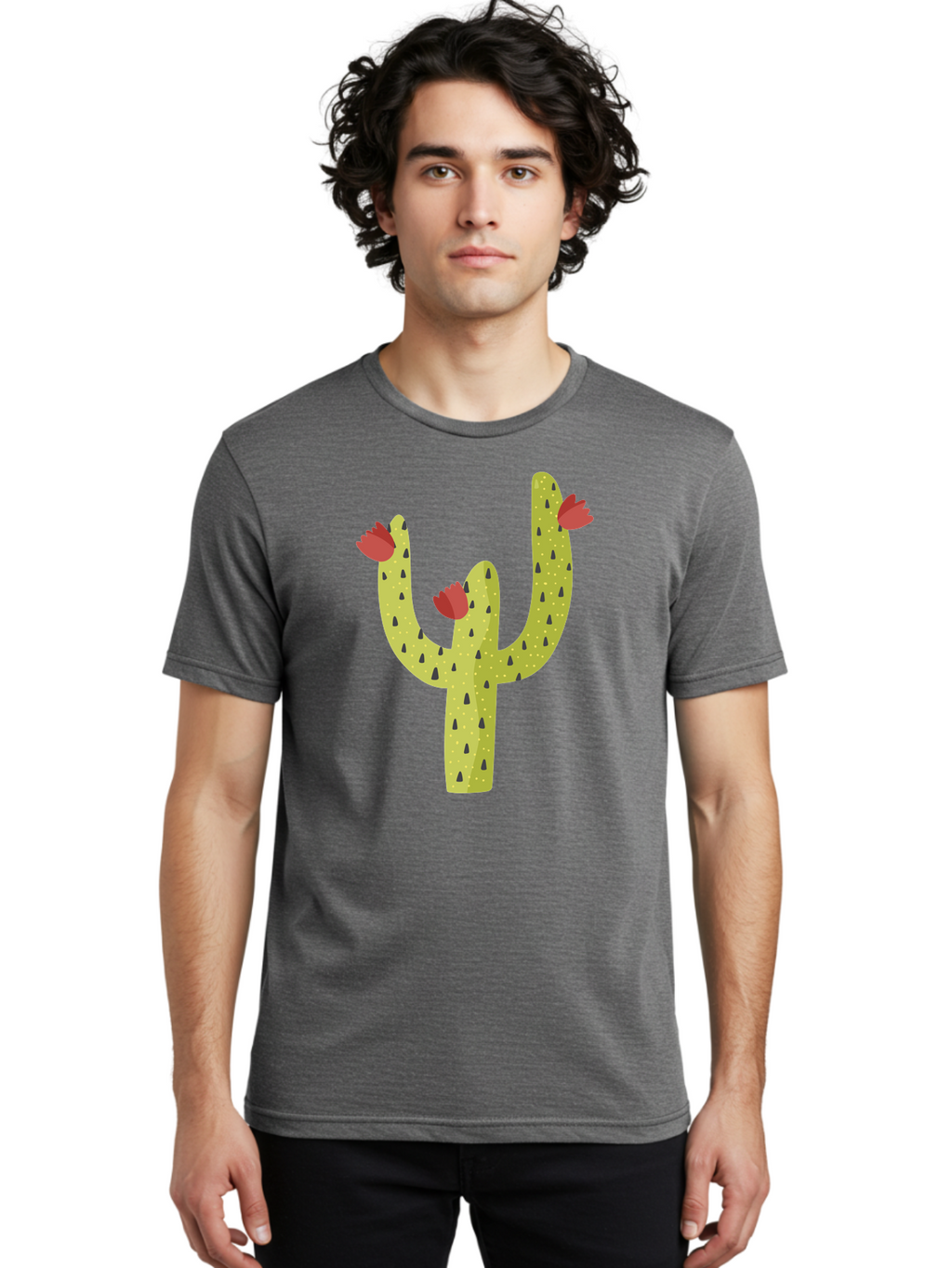 Cactus-With-Red-Flowers Men'S Graphic Tee, 100% Cotton, Comfortable Casual Summer Wear, Machine Washable, Cartoon Cactus, Cactus With Flowers, Desert Plant, Red Flowers, Green Cactus, Illustration Art, Simple Design, Stylized Cactus Aad678