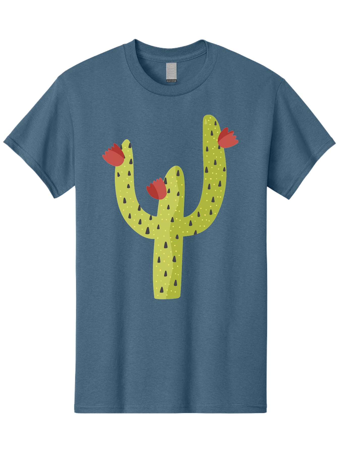 Cactus-With-Red-Flowers Men'S Graphic Tee, 100% Cotton, Comfortable Casual Summer Wear, Machine Washable, Cartoon Cactus, Cactus With Flowers, Desert Plant, Red Flowers, Green Cactus, Illustration Art, Simple Design, Stylized Cactus Aad678