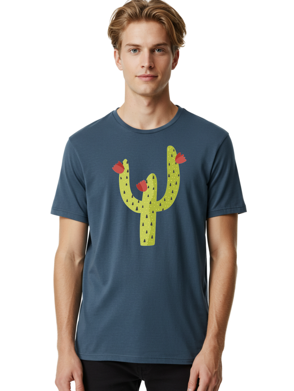 Cactus-With-Red-Flowers Men'S Graphic Tee, 100% Cotton, Comfortable Casual Summer Wear, Machine Washable, Cartoon Cactus, Cactus With Flowers, Desert Plant, Red Flowers, Green Cactus, Illustration Art, Simple Design, Stylized Cactus Aad678