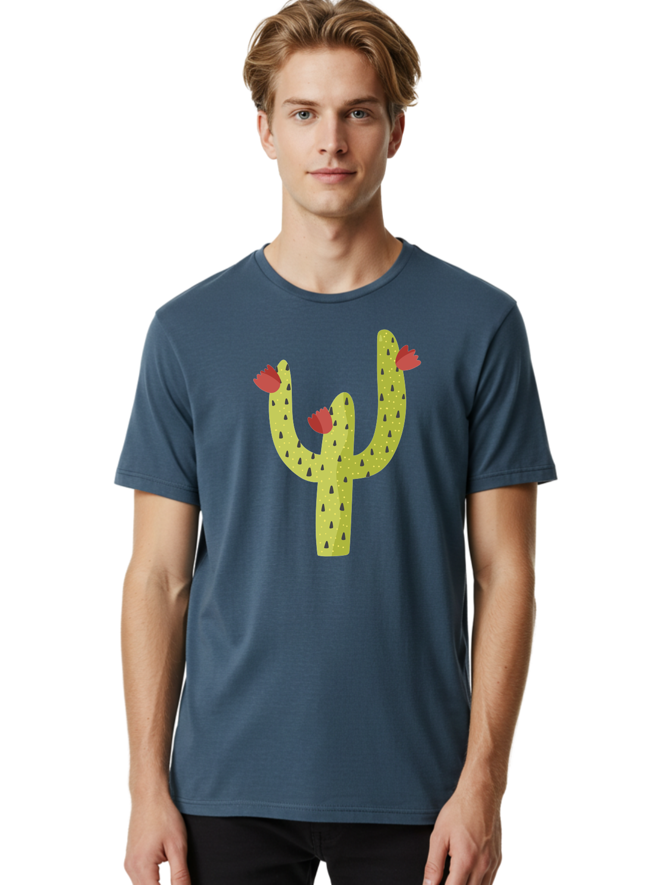 Cactus-With-Red-Flowers Men'S Graphic Tee, 100% Cotton, Comfortable Casual Summer Wear, Machine Washable, Cartoon Cactus, Cactus With Flowers, Desert Plant, Red Flowers, Green Cactus, Illustration Art, Simple Design, Stylized Cactus Aad678