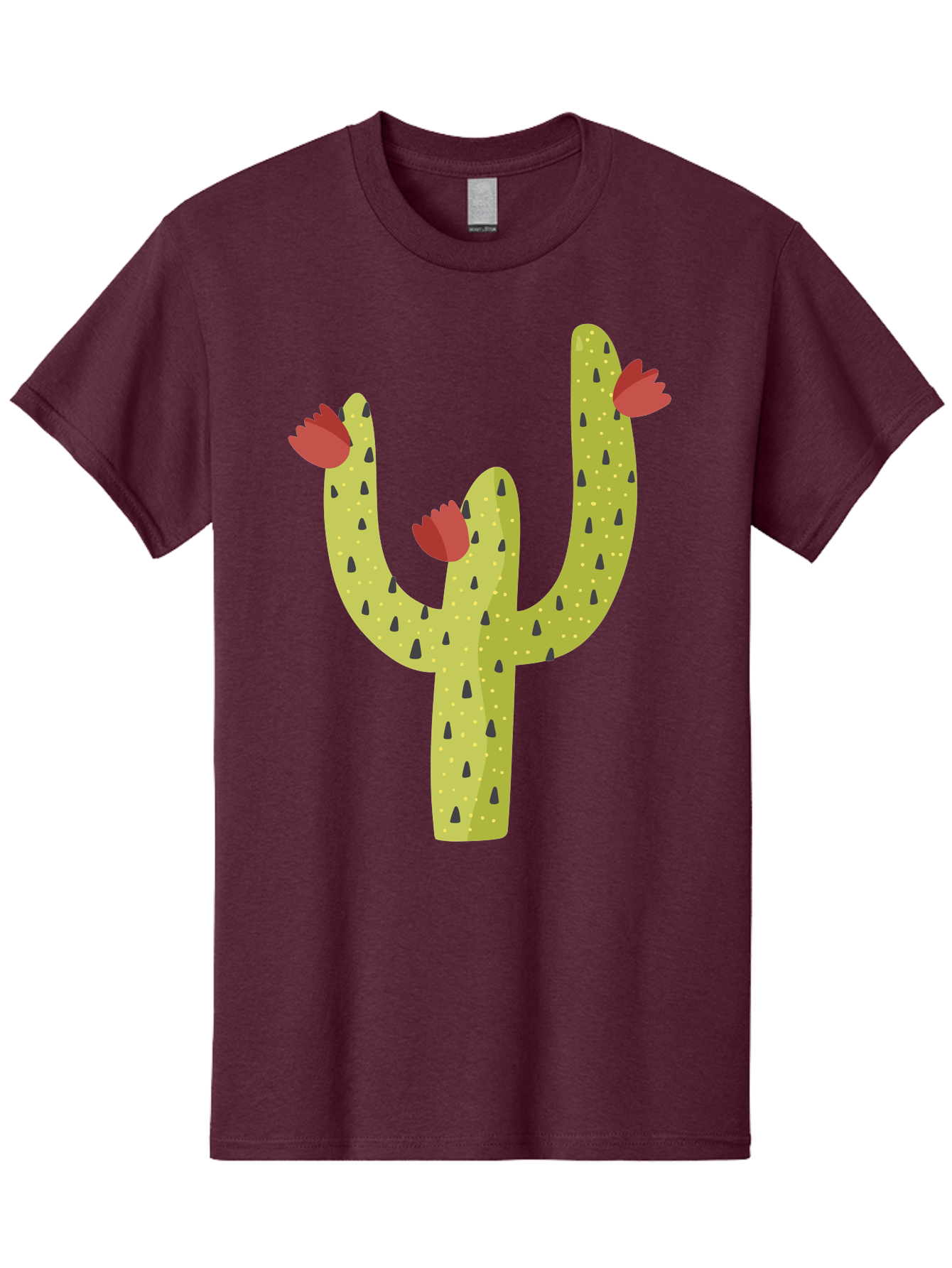 Cactus-With-Red-Flowers Men'S Graphic Tee, 100% Cotton, Comfortable Casual Summer Wear, Machine Washable, Cartoon Cactus, Cactus With Flowers, Desert Plant, Red Flowers, Green Cactus, Illustration Art, Simple Design, Stylized Cactus Aad678