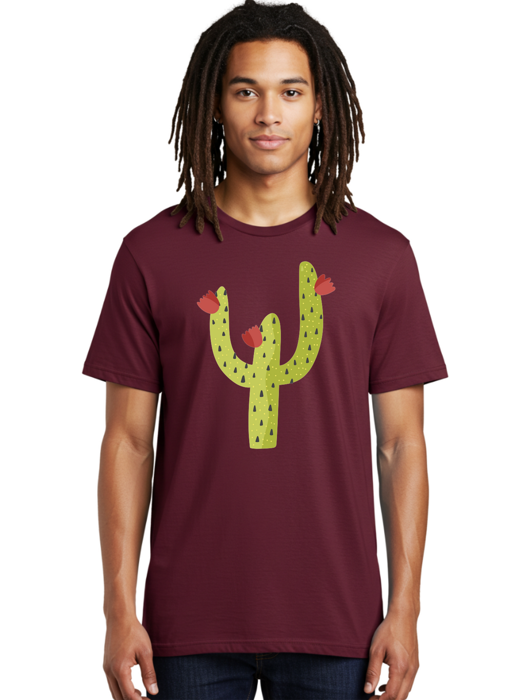 Cactus-With-Red-Flowers Men'S Graphic Tee, 100% Cotton, Comfortable Casual Summer Wear, Machine Washable, Cartoon Cactus, Cactus With Flowers, Desert Plant, Red Flowers, Green Cactus, Illustration Art, Simple Design, Stylized Cactus Aad678