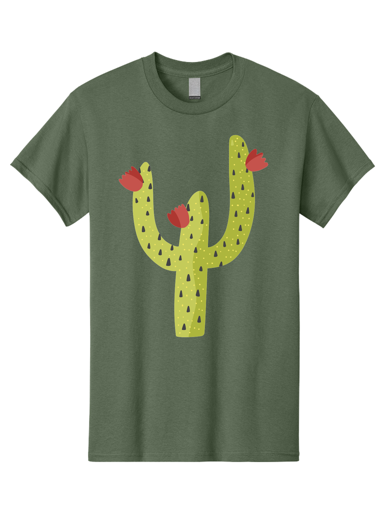 Cactus-With-Red-Flowers Men'S Graphic Tee, 100% Cotton, Comfortable Casual Summer Wear, Machine Washable, Cartoon Cactus, Cactus With Flowers, Desert Plant, Red Flowers, Green Cactus, Illustration Art, Simple Design, Stylized Cactus Aad678