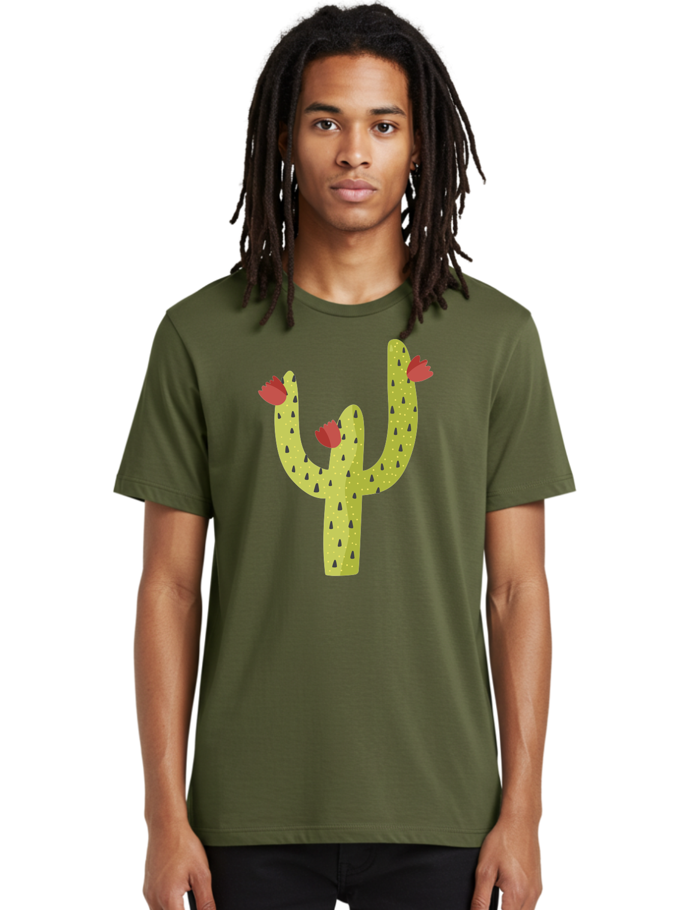Cactus-With-Red-Flowers Men'S Graphic Tee, 100% Cotton, Comfortable Casual Summer Wear, Machine Washable, Cartoon Cactus, Cactus With Flowers, Desert Plant, Red Flowers, Green Cactus, Illustration Art, Simple Design, Stylized Cactus Aad678