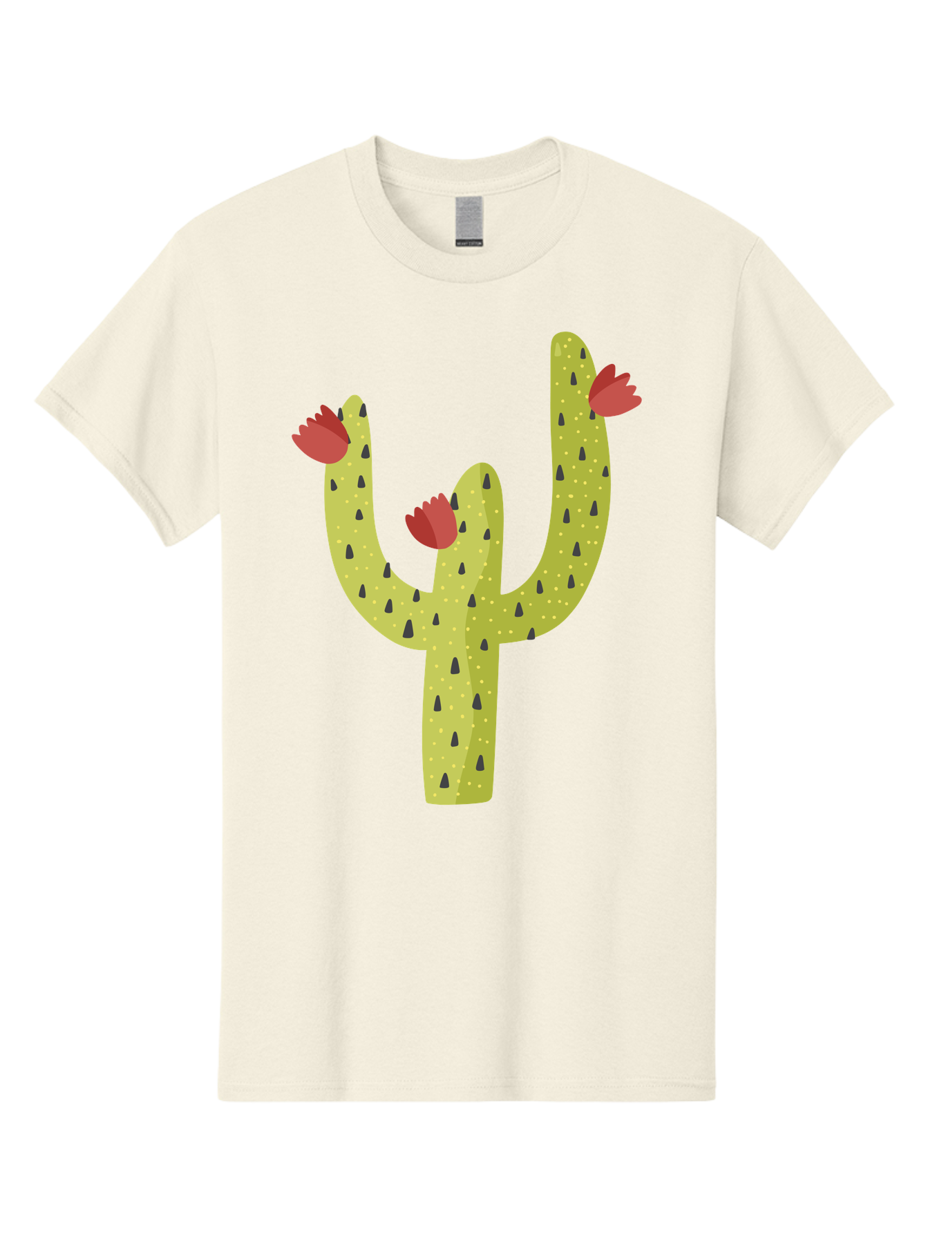 Cactus-With-Red-Flowers Men'S Graphic Tee, 100% Cotton, Comfortable Casual Summer Wear, Machine Washable, Cartoon Cactus, Cactus With Flowers, Desert Plant, Red Flowers, Green Cactus, Illustration Art, Simple Design, Stylized Cactus Aad678