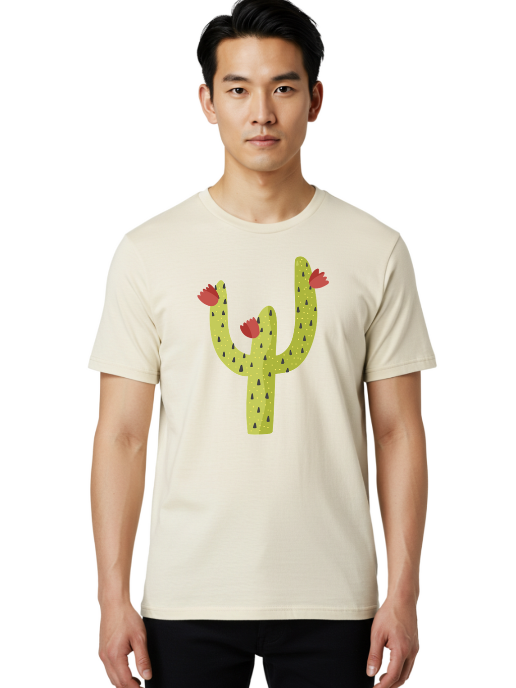 Cactus-With-Red-Flowers Men'S Graphic Tee, 100% Cotton, Comfortable Casual Summer Wear, Machine Washable, Cartoon Cactus, Cactus With Flowers, Desert Plant, Red Flowers, Green Cactus, Illustration Art, Simple Design, Stylized Cactus Aad678