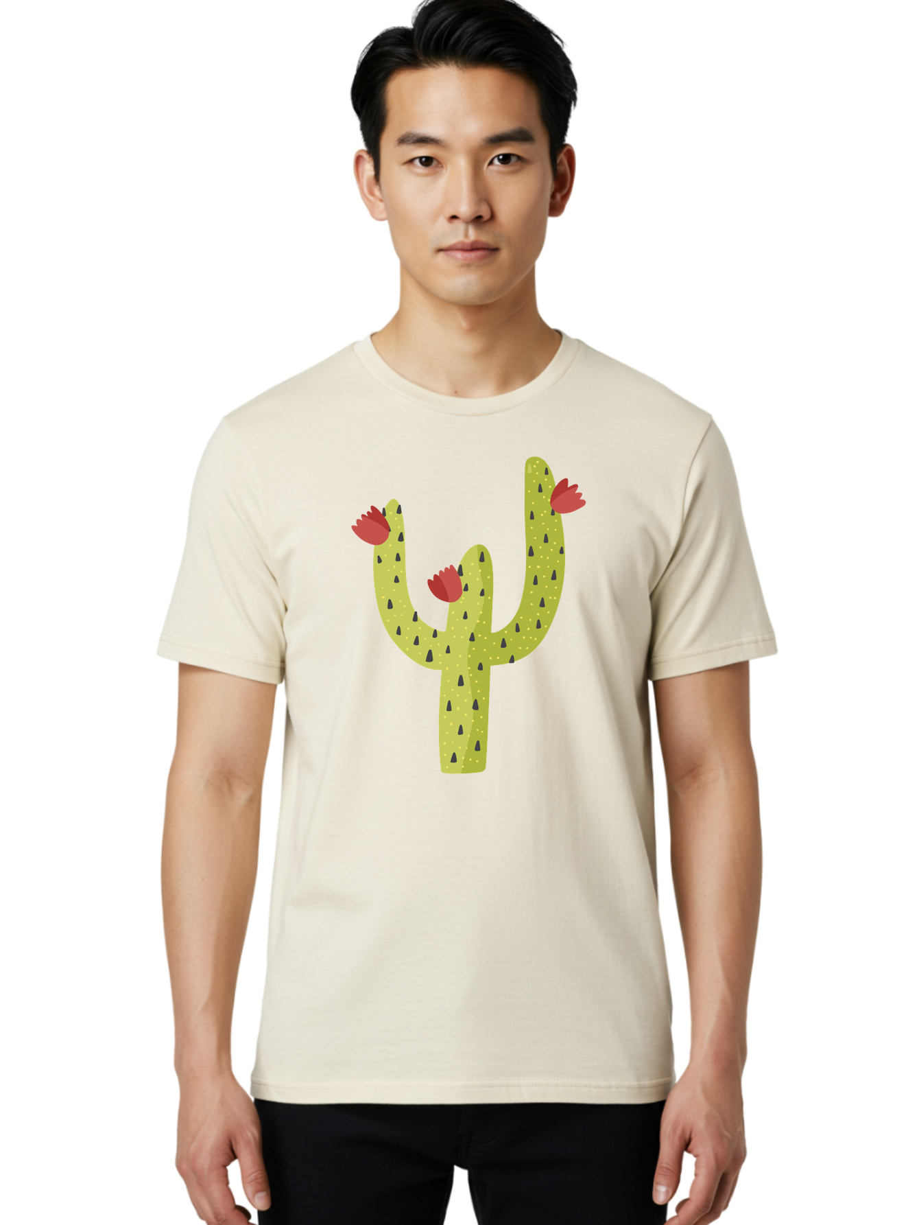Cactus-With-Red-Flowers Men'S Graphic Tee, 100% Cotton, Comfortable Casual Summer Wear, Machine Washable, Cartoon Cactus, Cactus With Flowers, Desert Plant, Red Flowers, Green Cactus, Illustration Art, Simple Design, Stylized Cactus Aad678