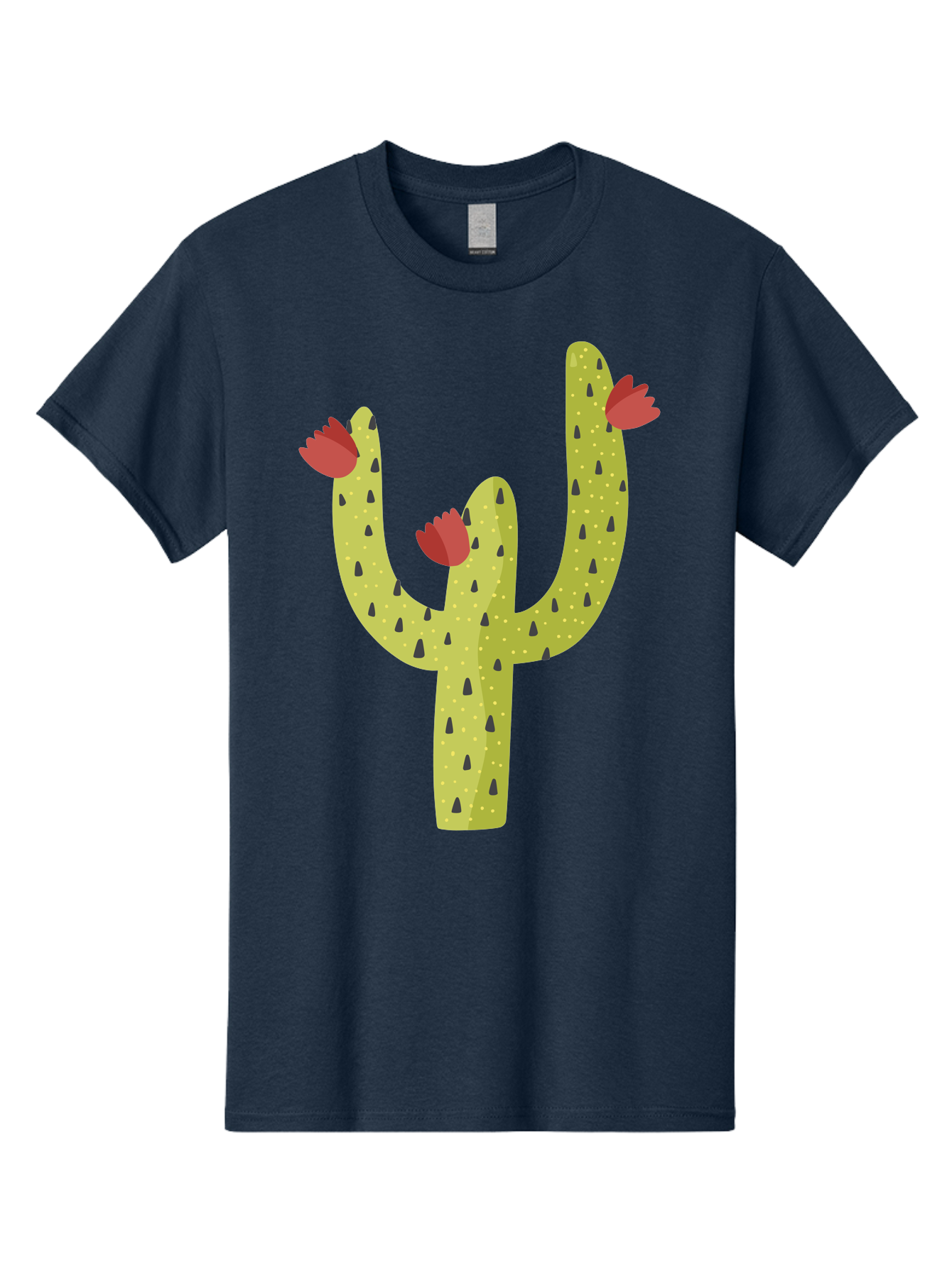 Cactus-With-Red-Flowers Men'S Graphic Tee, 100% Cotton, Comfortable Casual Summer Wear, Machine Washable, Cartoon Cactus, Cactus With Flowers, Desert Plant, Red Flowers, Green Cactus, Illustration Art, Simple Design, Stylized Cactus Aad678