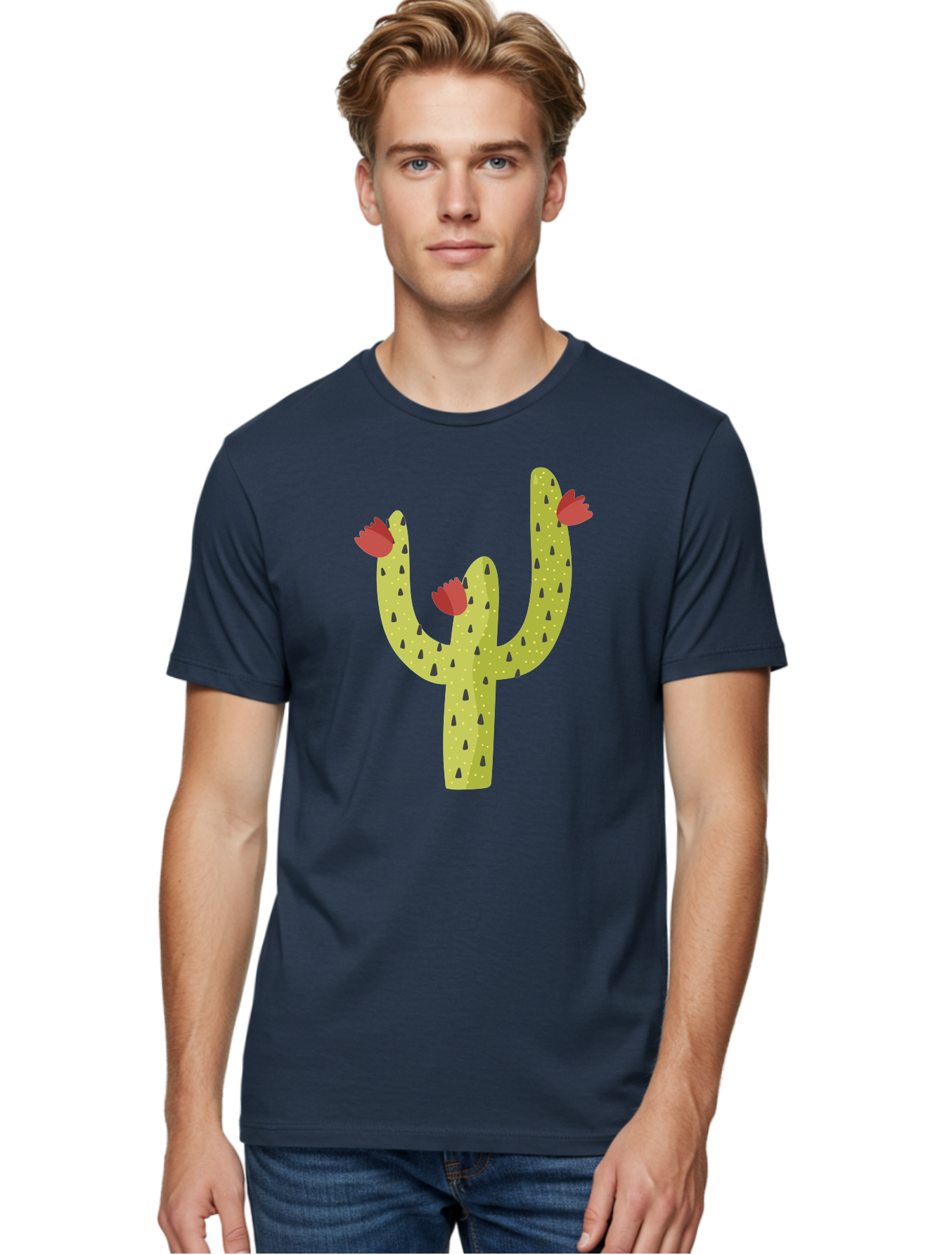 Cactus-With-Red-Flowers Men'S Graphic Tee, 100% Cotton, Comfortable Casual Summer Wear, Machine Washable, Cartoon Cactus, Cactus With Flowers, Desert Plant, Red Flowers, Green Cactus, Illustration Art, Simple Design, Stylized Cactus Aad678