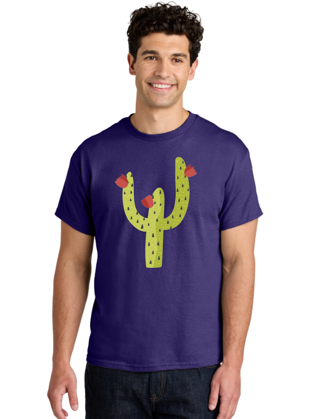 Cactus-With-Red-Flowers Men'S Graphic Tee, 100% Cotton, Comfortable Casual Summer Wear, Machine Washable, Cartoon Cactus, Cactus With Flowers, Desert Plant, Red Flowers, Green Cactus, Illustration Art, Simple Design, Stylized Cactus Aad678