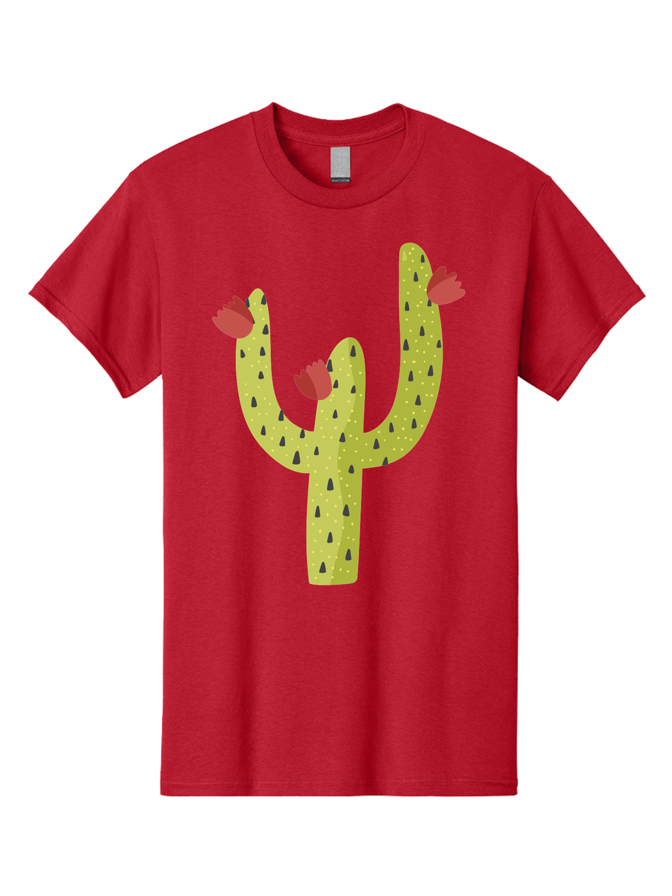 Cactus-With-Red-Flowers Men'S Graphic Tee, 100% Cotton, Comfortable Casual Summer Wear, Machine Washable, Cartoon Cactus, Cactus With Flowers, Desert Plant, Red Flowers, Green Cactus, Illustration Art, Simple Design, Stylized Cactus Aad678