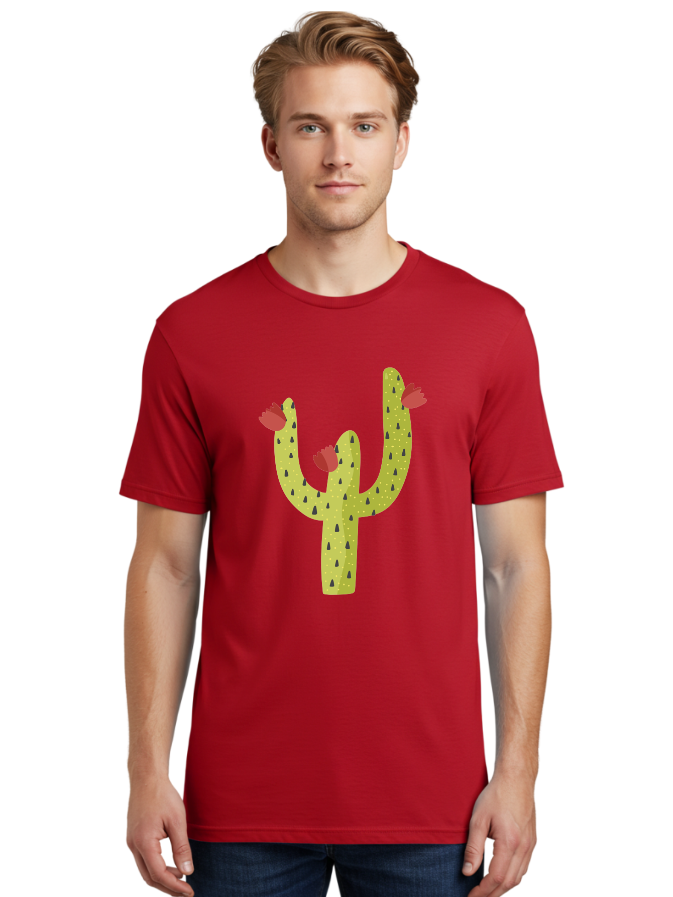Cactus-With-Red-Flowers Men'S Graphic Tee, 100% Cotton, Comfortable Casual Summer Wear, Machine Washable, Cartoon Cactus, Cactus With Flowers, Desert Plant, Red Flowers, Green Cactus, Illustration Art, Simple Design, Stylized Cactus Aad678