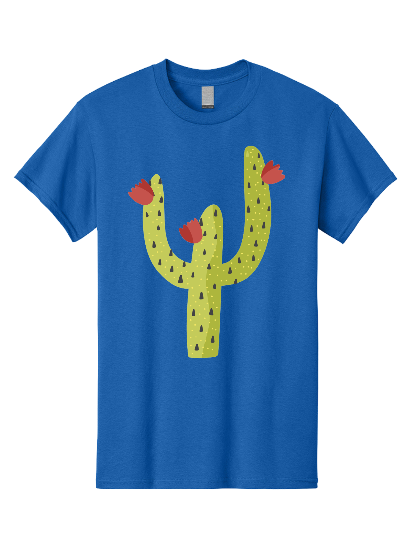 Cactus-With-Red-Flowers Men'S Graphic Tee, 100% Cotton, Comfortable Casual Summer Wear, Machine Washable, Cartoon Cactus, Cactus With Flowers, Desert Plant, Red Flowers, Green Cactus, Illustration Art, Simple Design, Stylized Cactus Aad678