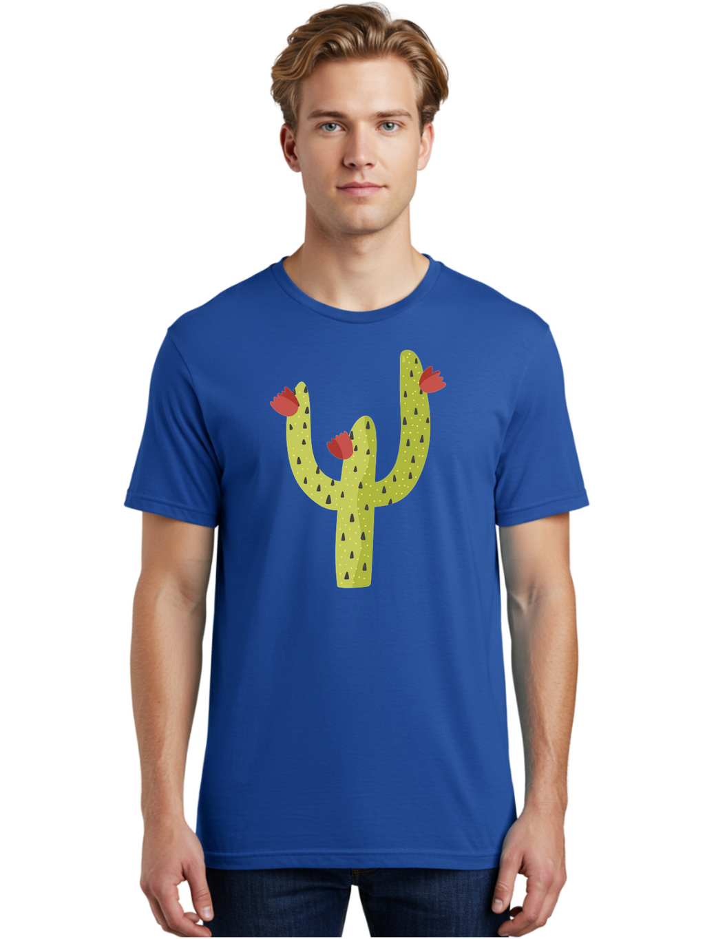 Cactus-With-Red-Flowers Men'S Graphic Tee, 100% Cotton, Comfortable Casual Summer Wear, Machine Washable, Cartoon Cactus, Cactus With Flowers, Desert Plant, Red Flowers, Green Cactus, Illustration Art, Simple Design, Stylized Cactus Aad678