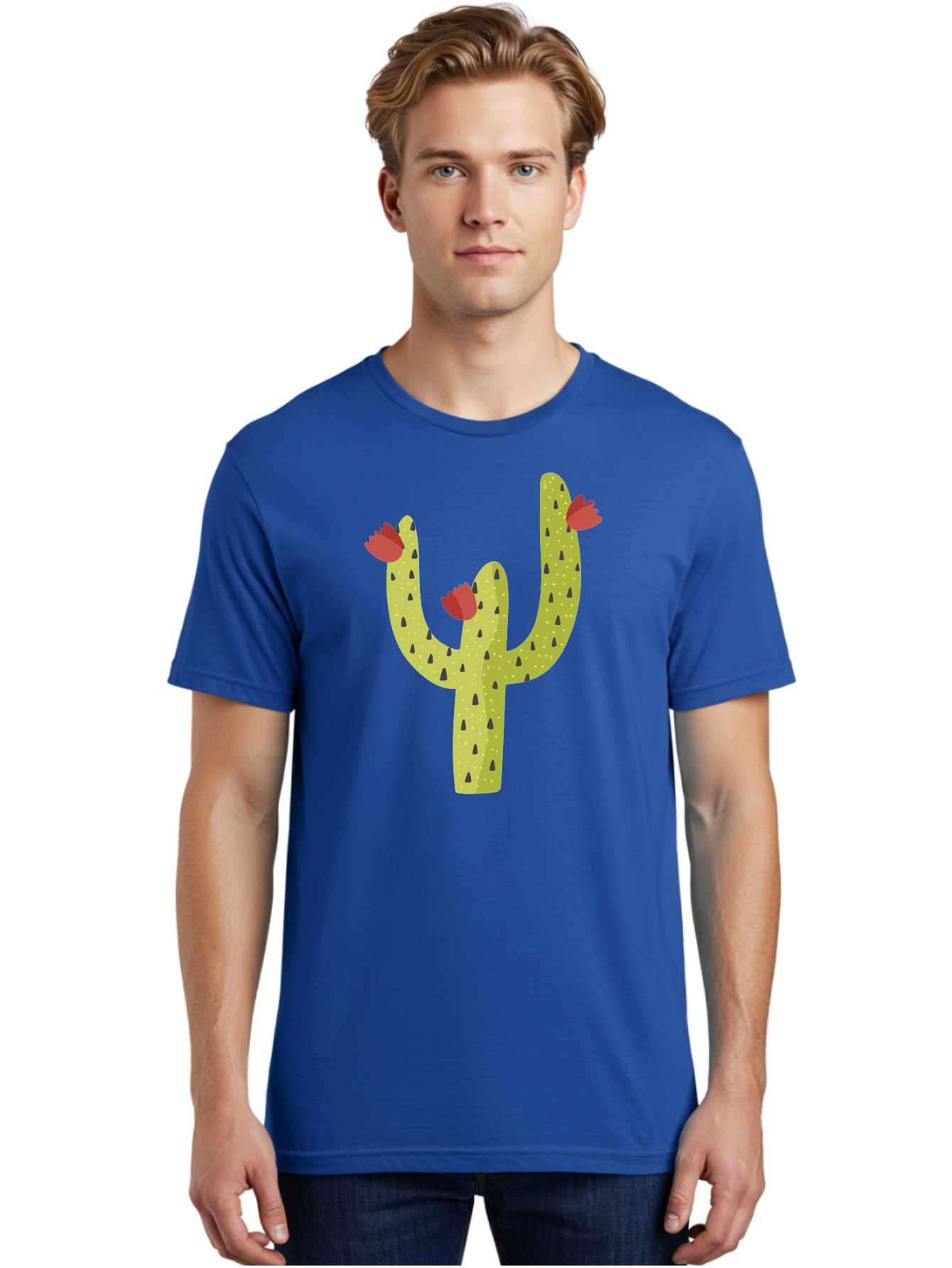 Cactus-With-Red-Flowers Men'S Graphic Tee, 100% Cotton, Comfortable Casual Summer Wear, Machine Washable, Cartoon Cactus, Cactus With Flowers, Desert Plant, Red Flowers, Green Cactus, Illustration Art, Simple Design, Stylized Cactus Aad678