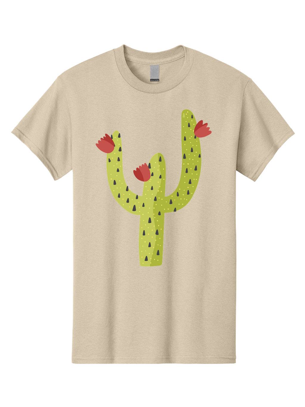 Cactus-With-Red-Flowers Men'S Graphic Tee, 100% Cotton, Comfortable Casual Summer Wear, Machine Washable, Cartoon Cactus, Cactus With Flowers, Desert Plant, Red Flowers, Green Cactus, Illustration Art, Simple Design, Stylized Cactus Aad678