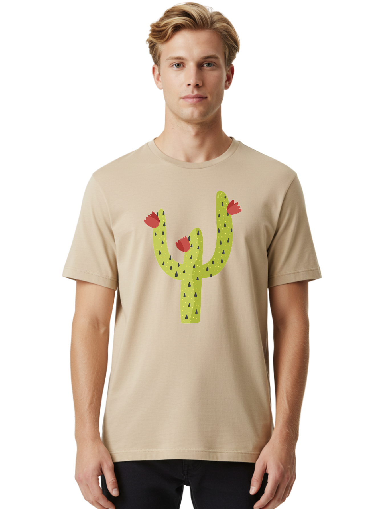 Cactus-With-Red-Flowers Men'S Graphic Tee, 100% Cotton, Comfortable Casual Summer Wear, Machine Washable, Cartoon Cactus, Cactus With Flowers, Desert Plant, Red Flowers, Green Cactus, Illustration Art, Simple Design, Stylized Cactus Aad678