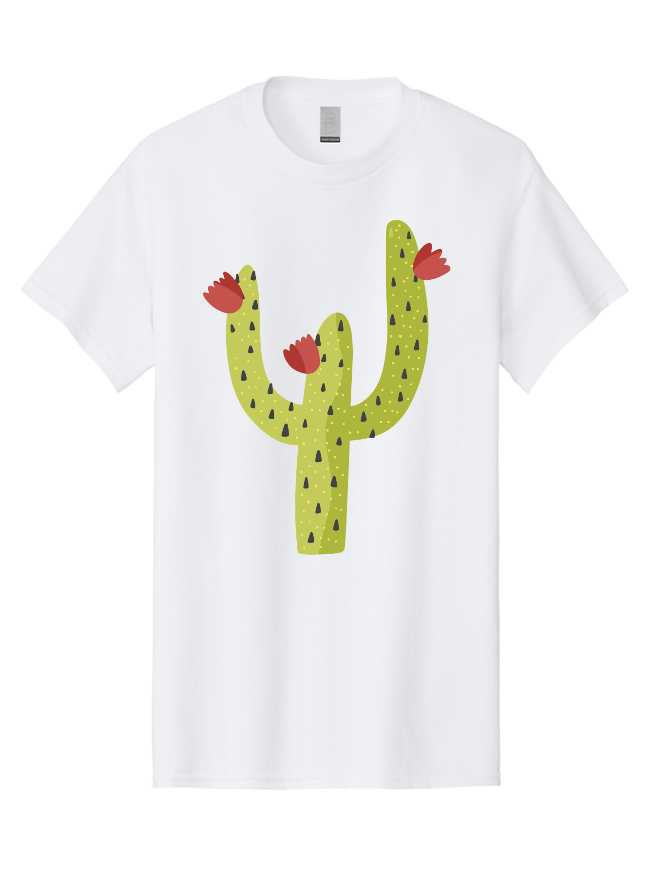 Cactus-With-Red-Flowers Men'S Graphic Tee, 100% Cotton, Comfortable Casual Summer Wear, Machine Washable, Cartoon Cactus, Cactus With Flowers, Desert Plant, Red Flowers, Green Cactus, Illustration Art, Simple Design, Stylized Cactus Aad678