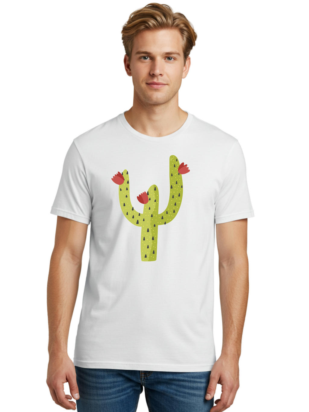Cactus-With-Red-Flowers Men'S Graphic Tee, 100% Cotton, Comfortable Casual Summer Wear, Machine Washable, Cartoon Cactus, Cactus With Flowers, Desert Plant, Red Flowers, Green Cactus, Illustration Art, Simple Design, Stylized Cactus Aad678