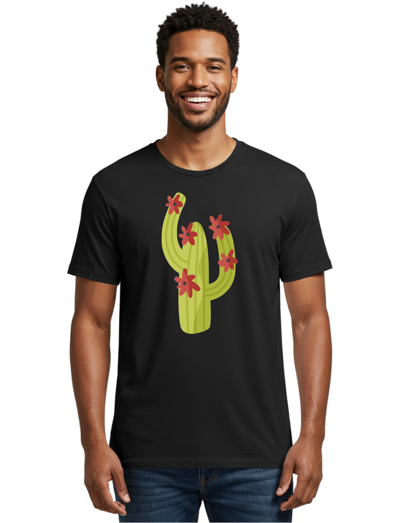 Cactus Men'S Graphic Tee, 100% Cotton, Comfortable Casual Summer Wear, Machine Washable, Cartoon Cactus, Red Flowers, Desert Plants, Succulent Plants, Flowering Cacti, Vibrant Cactus, Garden Graphics, Digital Illustration, Cactus Art Aad679