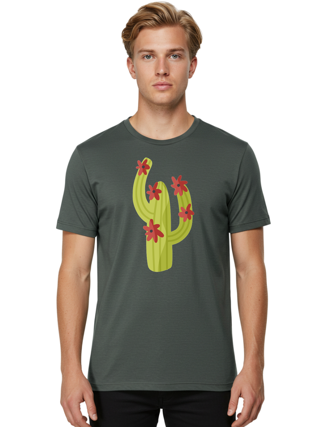 Cactus Men'S Graphic Tee, 100% Cotton, Comfortable Casual Summer Wear, Machine Washable, Cartoon Cactus, Red Flowers, Desert Plants, Succulent Plants, Flowering Cacti, Vibrant Cactus, Garden Graphics, Digital Illustration, Cactus Art Aad679