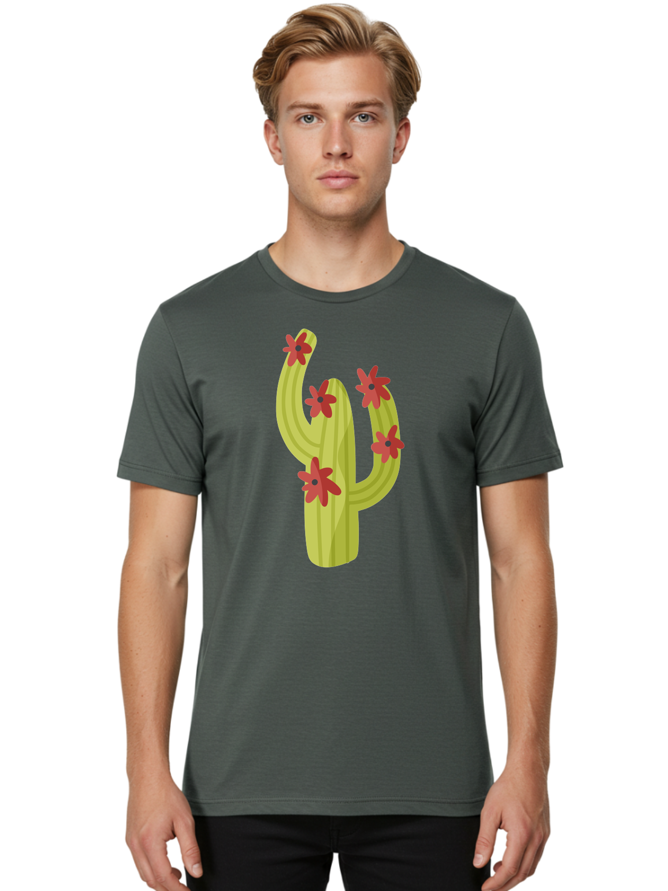 Cactus Men'S Graphic Tee, 100% Cotton, Comfortable Casual Summer Wear, Machine Washable, Cartoon Cactus, Red Flowers, Desert Plants, Succulent Plants, Flowering Cacti, Vibrant Cactus, Garden Graphics, Digital Illustration, Cactus Art Aad679