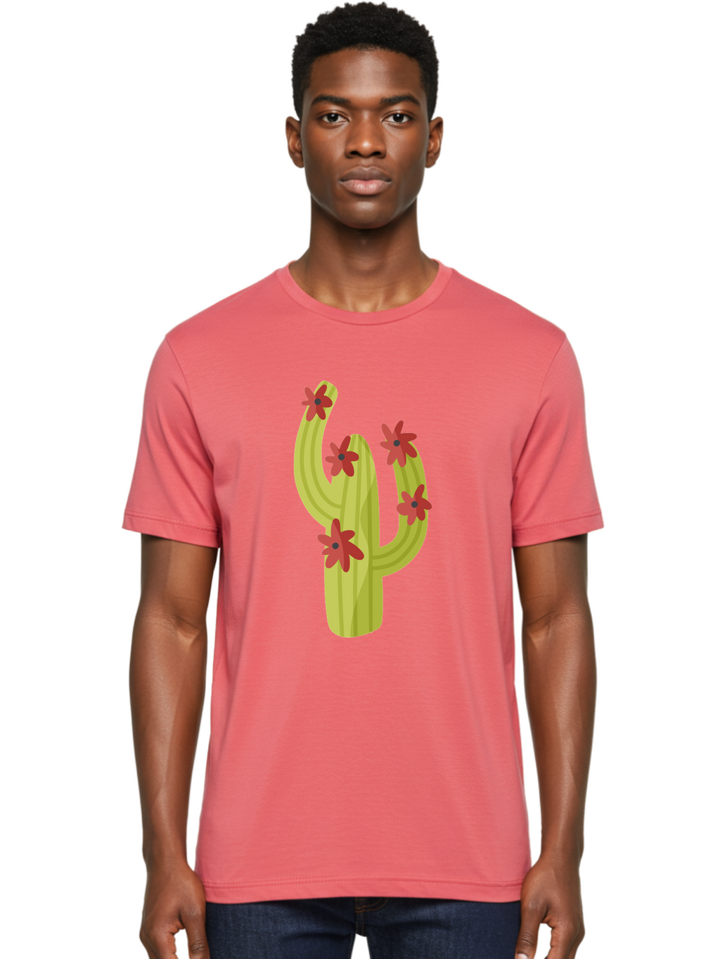 Cactus Men'S Graphic Tee, 100% Cotton, Comfortable Casual Summer Wear, Machine Washable, Cartoon Cactus, Red Flowers, Desert Plants, Succulent Plants, Flowering Cacti, Vibrant Cactus, Garden Graphics, Digital Illustration, Cactus Art Aad679