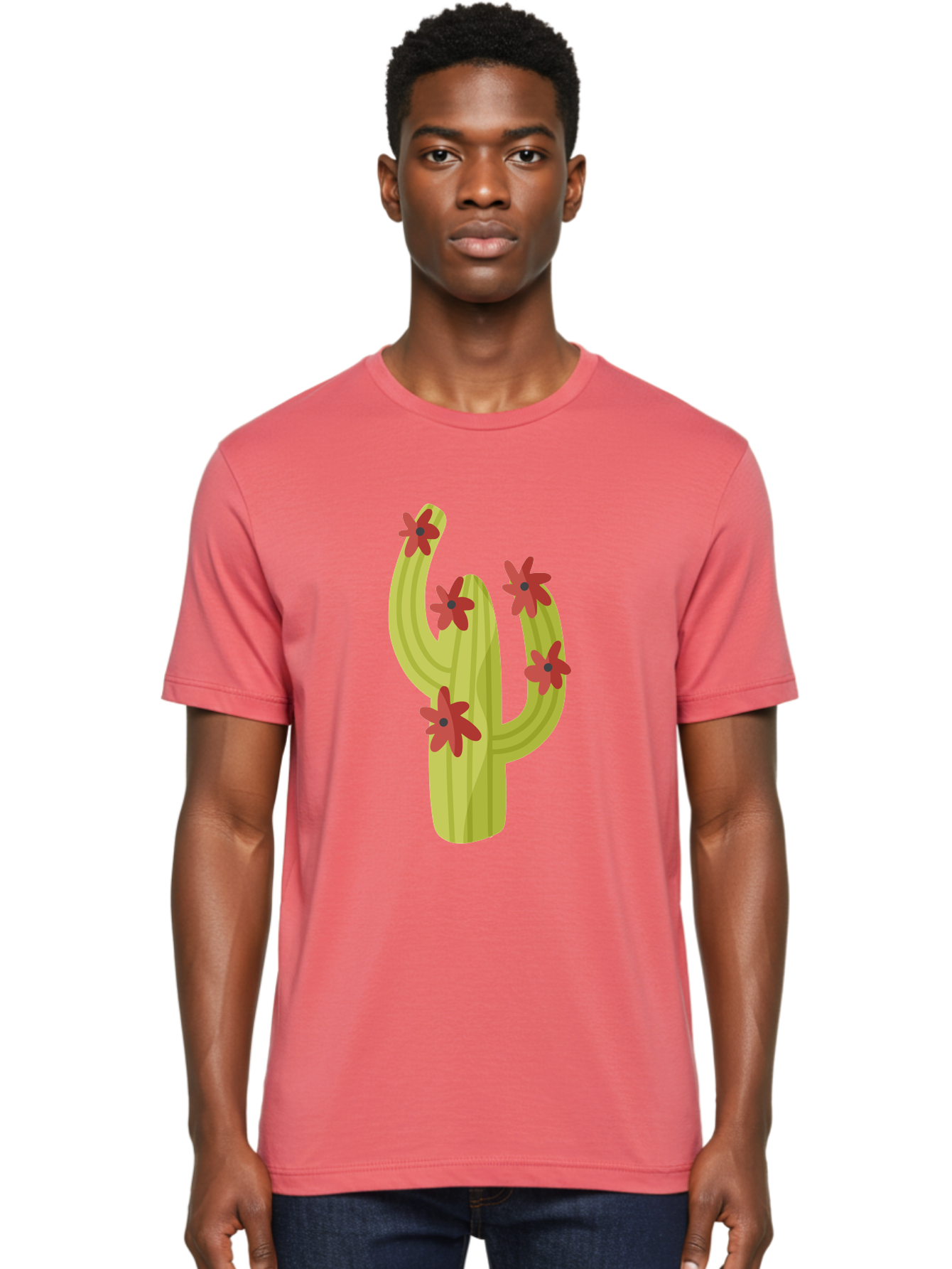 Cactus Men'S Graphic Tee, 100% Cotton, Comfortable Casual Summer Wear, Machine Washable, Cartoon Cactus, Red Flowers, Desert Plants, Succulent Plants, Flowering Cacti, Vibrant Cactus, Garden Graphics, Digital Illustration, Cactus Art Aad679